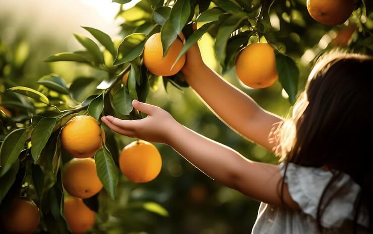 Petite fille qui cueille des oranges