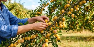 Une personne qui récolte des mirabelles